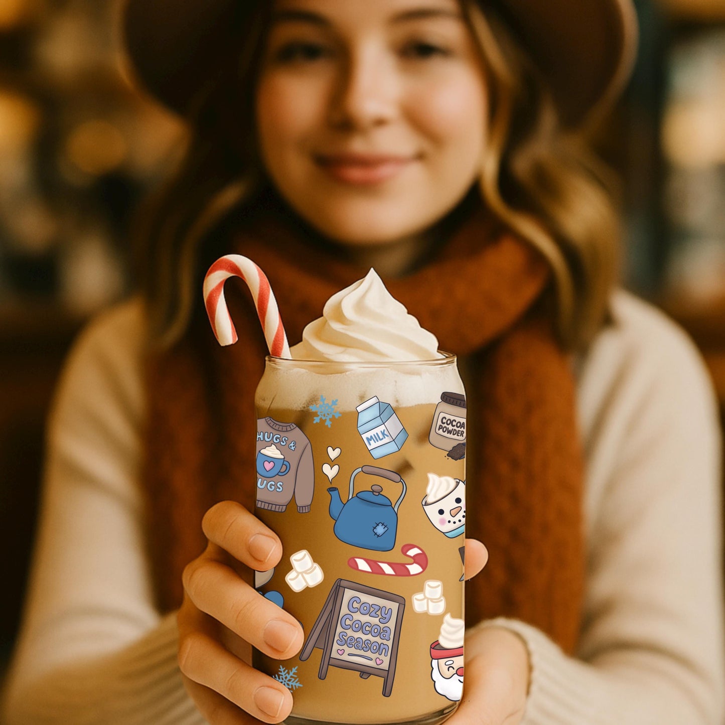 Cozy Cocoa Christmas 16oz Libbey Can Wrap – Hand Drawn PNG