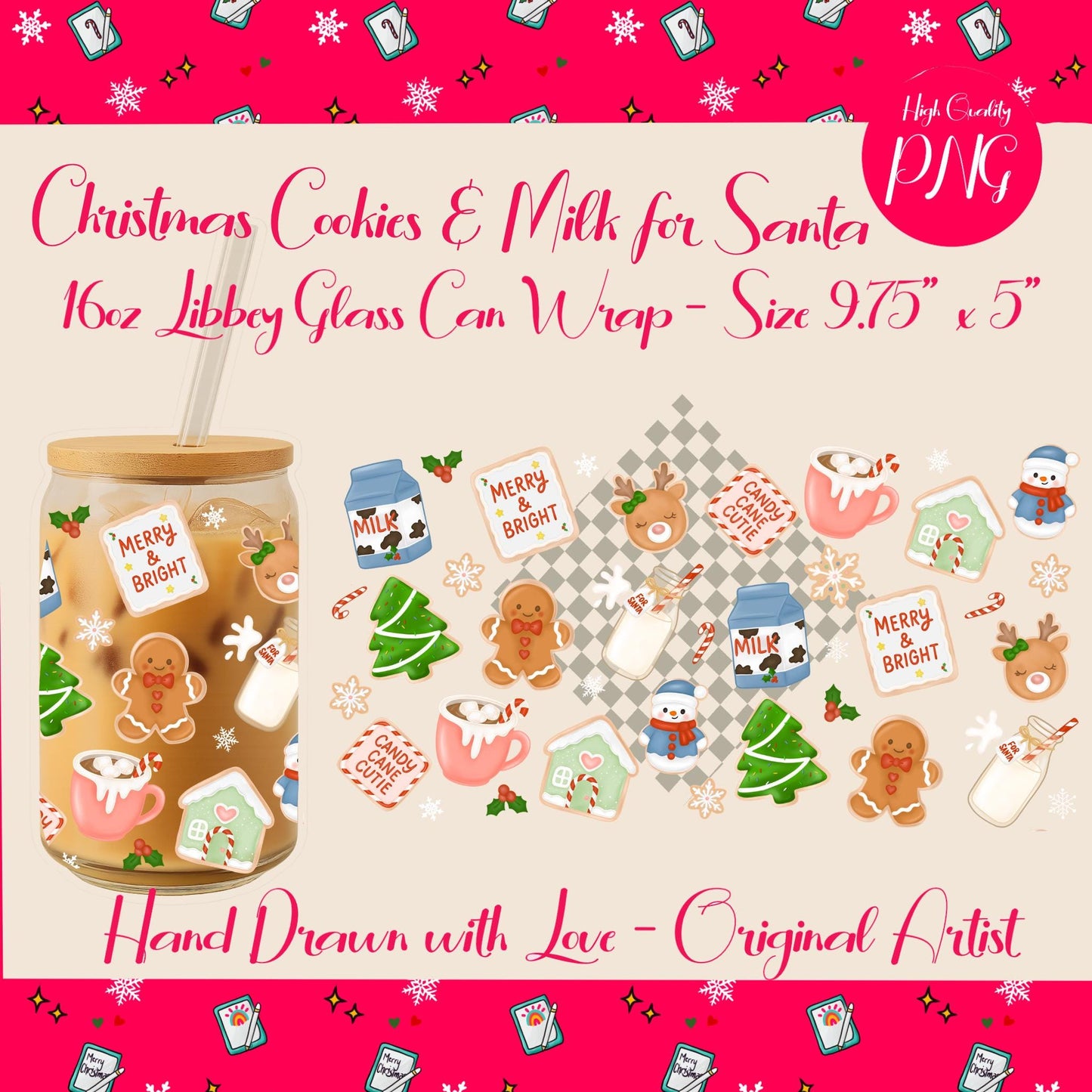 Christmas Cup Wrap: Milk & Cookies for Santa, Kawaii PNG (Digital Download)