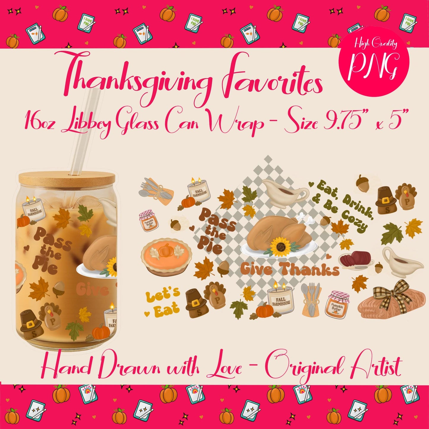 Thanksgiving Libbey Glass Can Wrap: Turkey & Pumpkin Design (Digital Download)