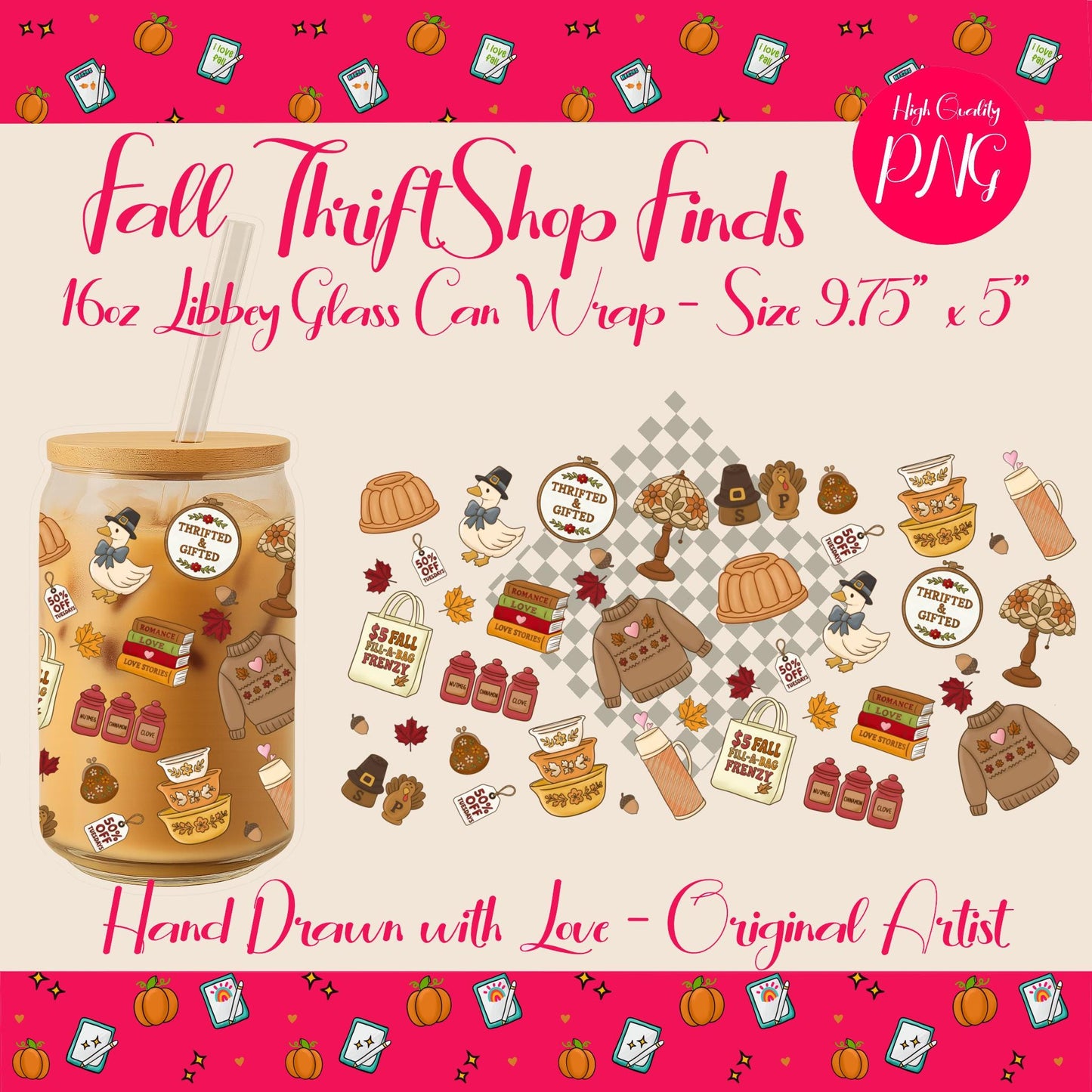 Fall Thrift Shop Glass Can Wrap – 16oz Libbey, Thanksgiving (PNG File)