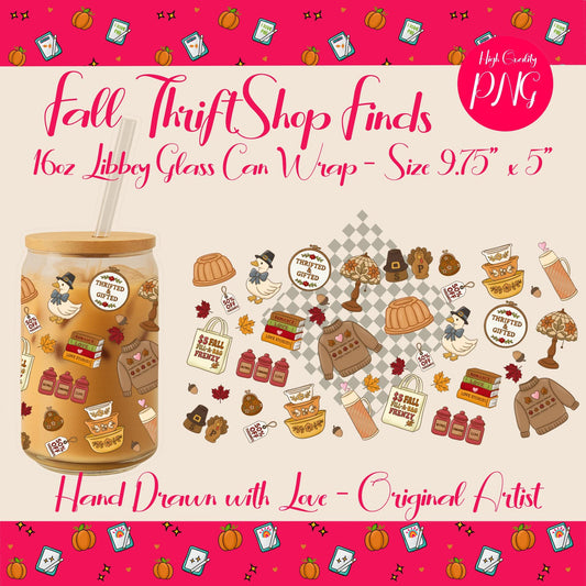 Fall Thrift Shop Glass Can Wrap – 16oz Libbey, Thanksgiving (PNG File)