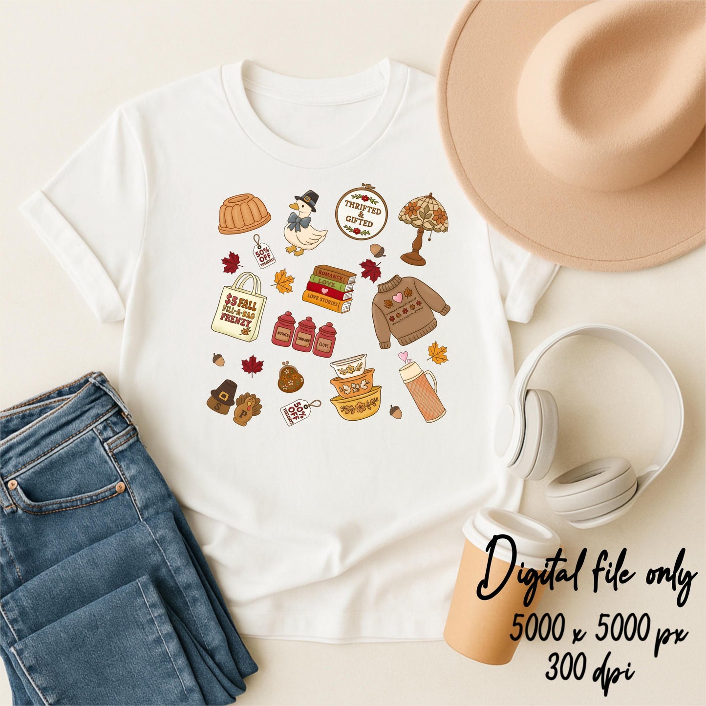 Fall Thrift Shop Pattern – Autumn Doodle Clipart (PNG Digital Download)