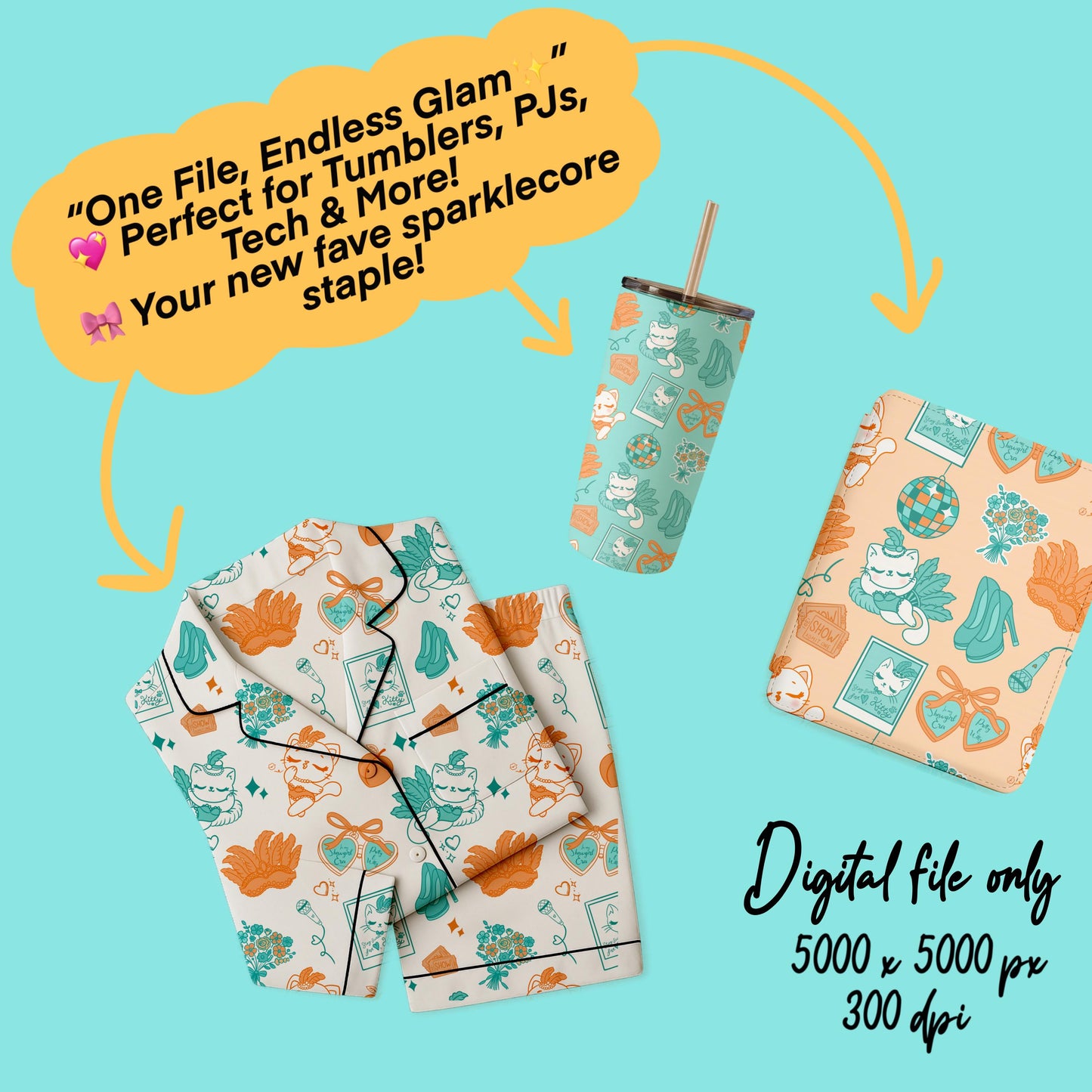 Show Kitty Seamless Pattern: Pastel Cat Doodle Glam Fabric Print (PNG Digital Download)