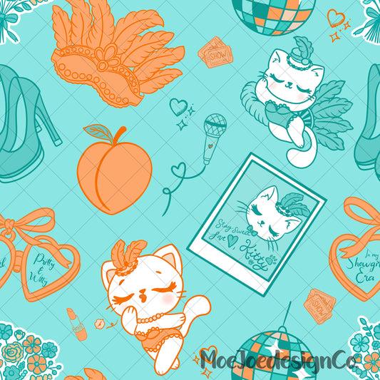 Show Kitty Seamless Pattern: Pastel Cat Doodle Glam Fabric Print (PNG Digital Download)