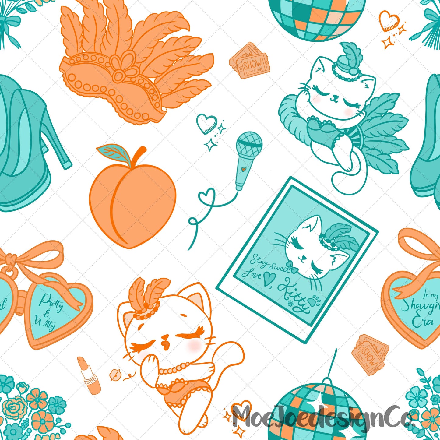 Show Kitty Seamless Pattern: Pastel Cat Doodle Glam Fabric Print (PNG Digital Download)