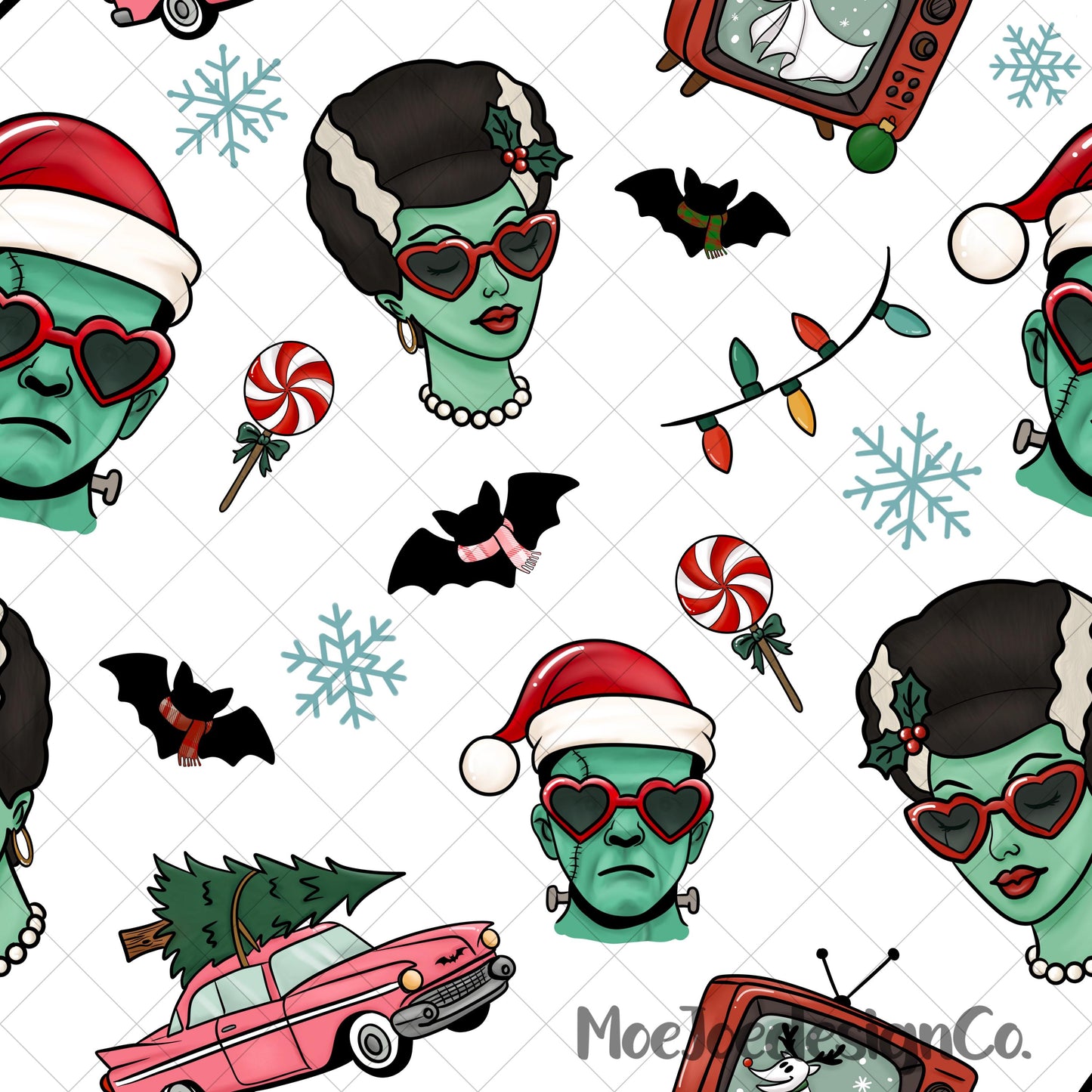 Christmas Frankenstein & Bride Seamless Pattern | Retro Rockabilly (Digital Download)