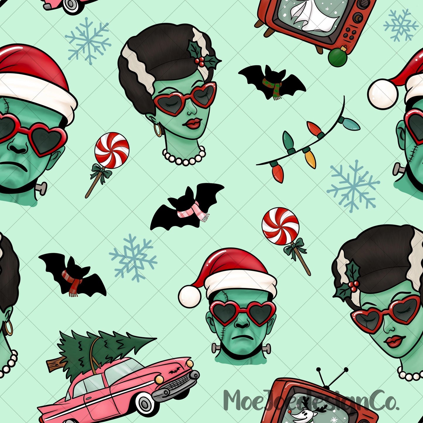 Christmas Frankenstein & Bride Seamless Pattern | Retro Rockabilly (Digital Download)