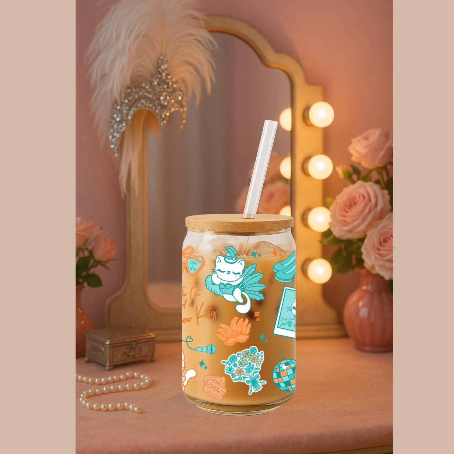 Life of a Show Kitty Cup Wrap PNG | Pastel Glam Glass Can Wrap | Seamless Retro Doodle Design | Showgirl Aesthetic | Sublimation PNG