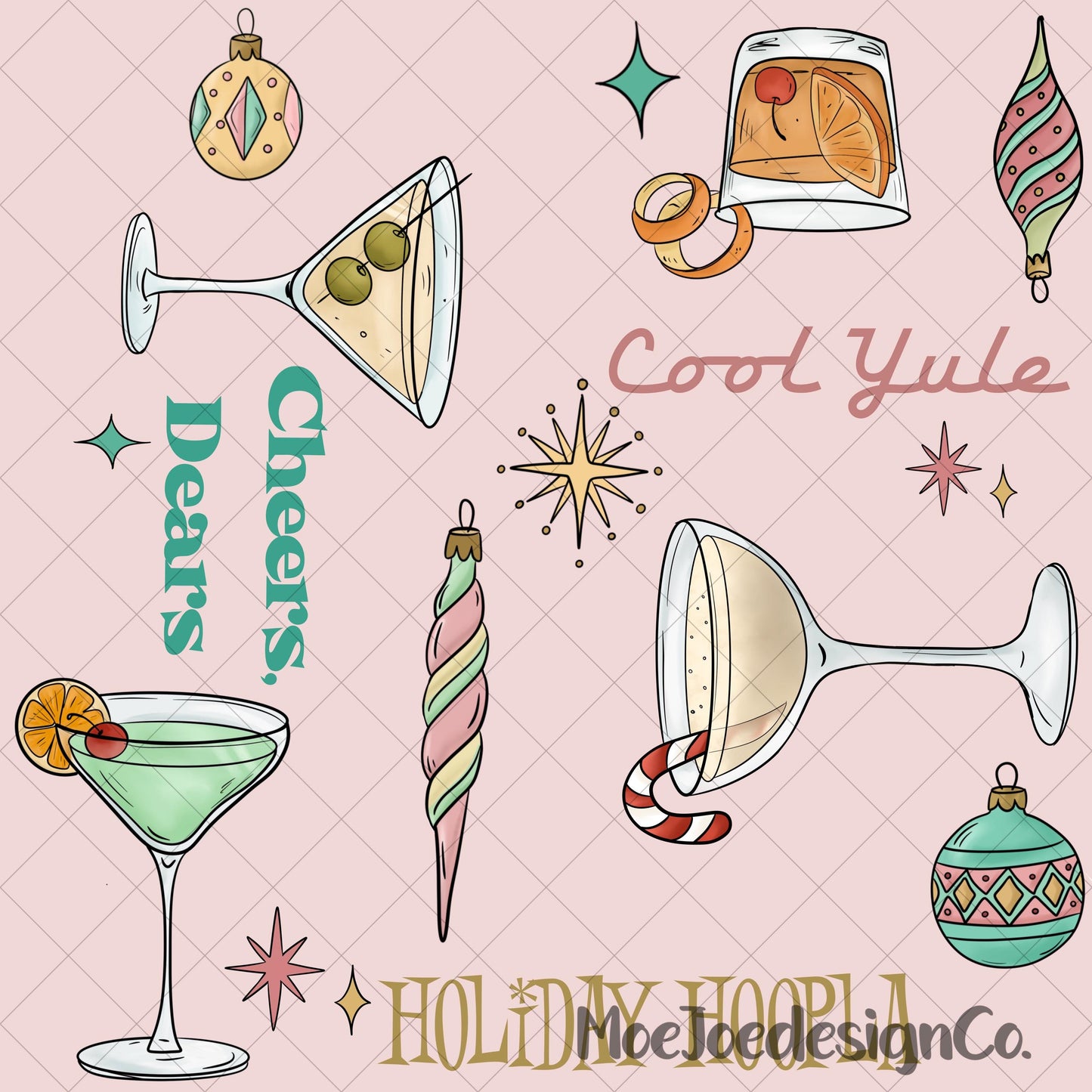 Retro Christmas Martini Seamless Pattern • Mid-Century Holiday Fabric