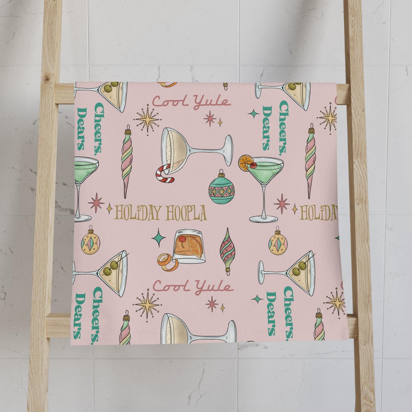 Holiday Cocktails Hand Towel | Retro Martini Ornaments Cheers Dears Pattern