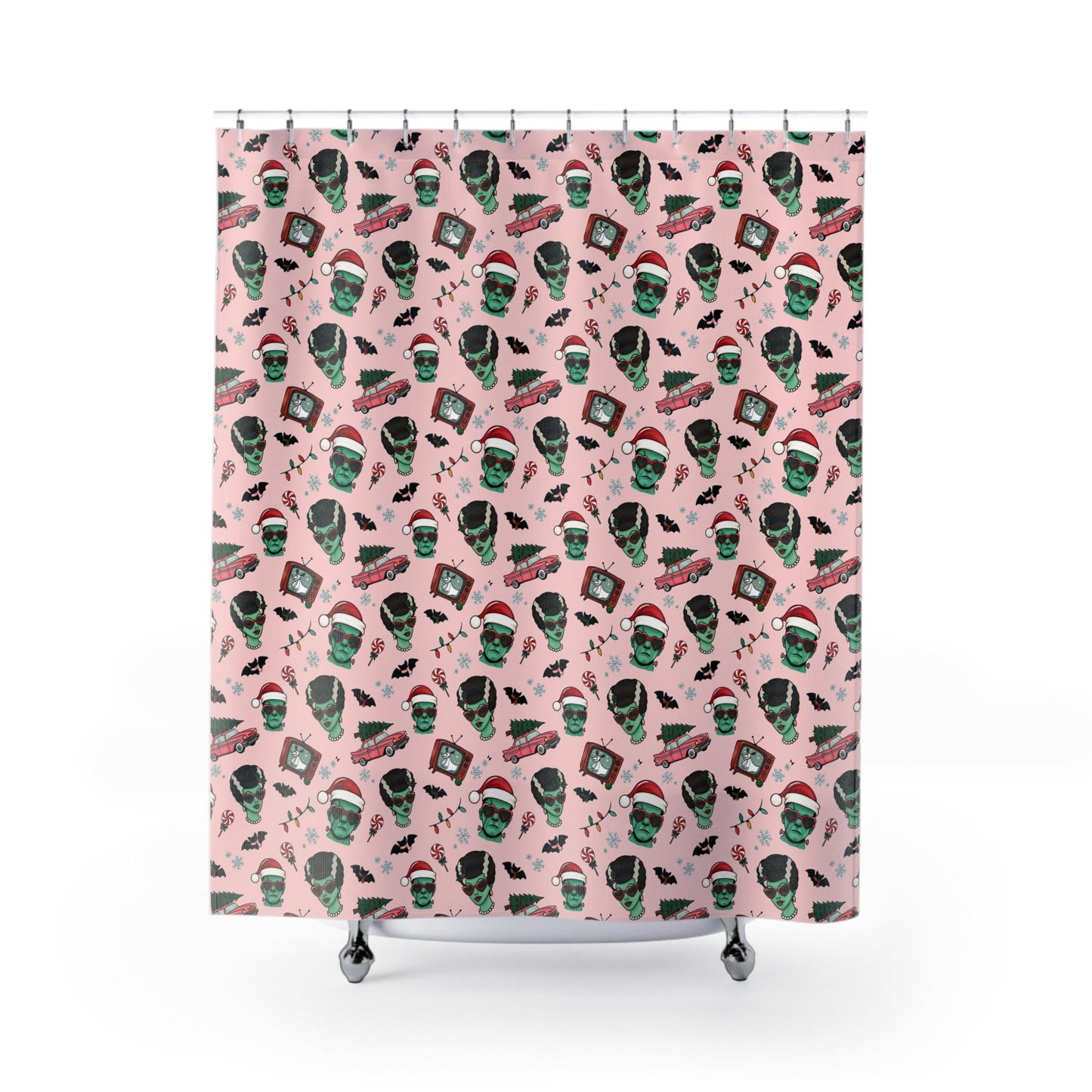 Retro Monster Christmas pattern Shower Curtain | Holiday Horror Holiday Decor