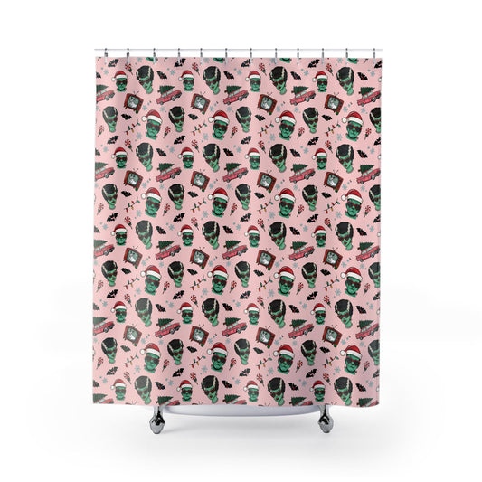 Retro Monster Christmas pattern Shower Curtain | Holiday Horror Holiday Decor