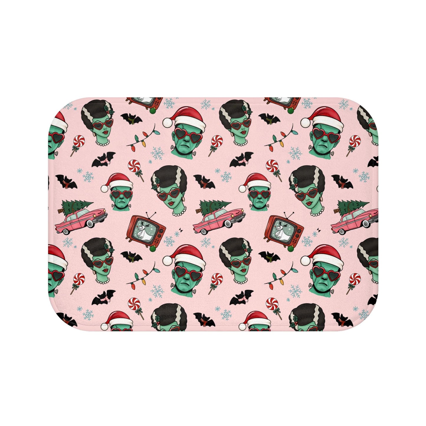 Kitsch Christmas Monsters Bath Mat | Holiday Frankenstein & Bride Pattern
