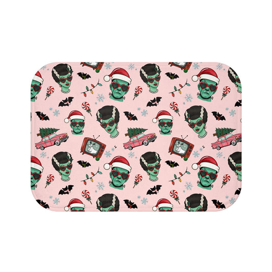 Kitsch Christmas Monsters Bath Mat | Holiday Frankenstein & Bride Pattern