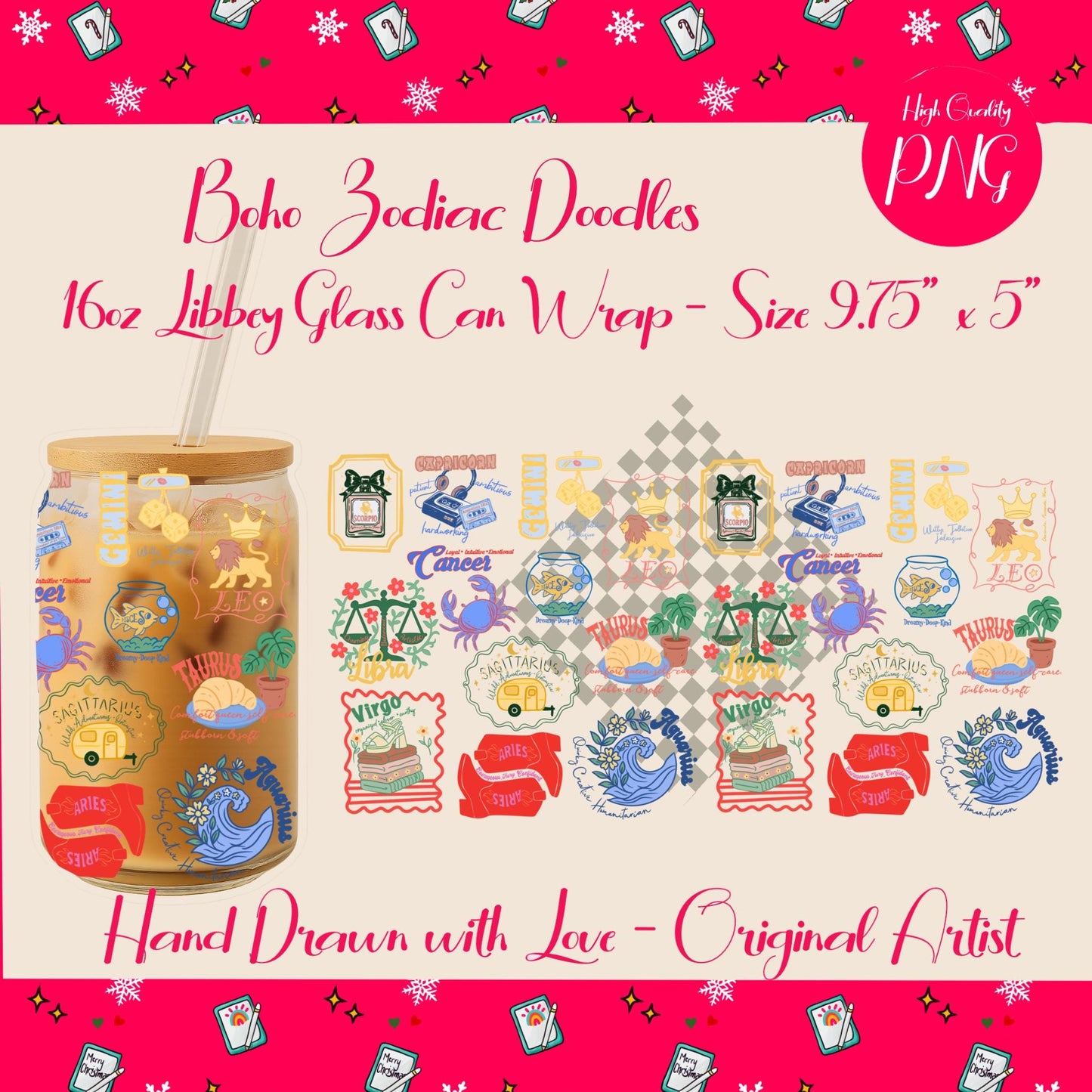 Boho Zodiac Cup Wrap | Hand Drawn Astrology PNG (Digital Download)