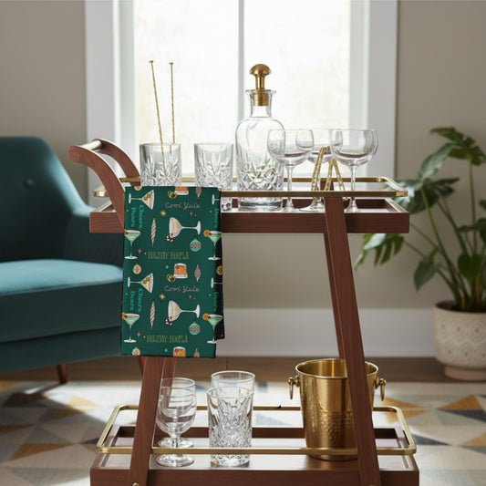 Holiday Cocktail Hand Towel: Mid-Century Martini Print Kitchen Decor