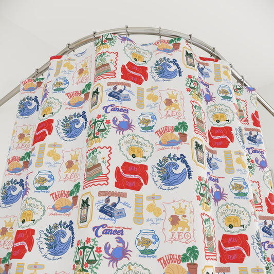 Boho Zodiac Shower Curtain | Trendy Astrology Bathroom Decor | Hand-Drawn Celestial Design