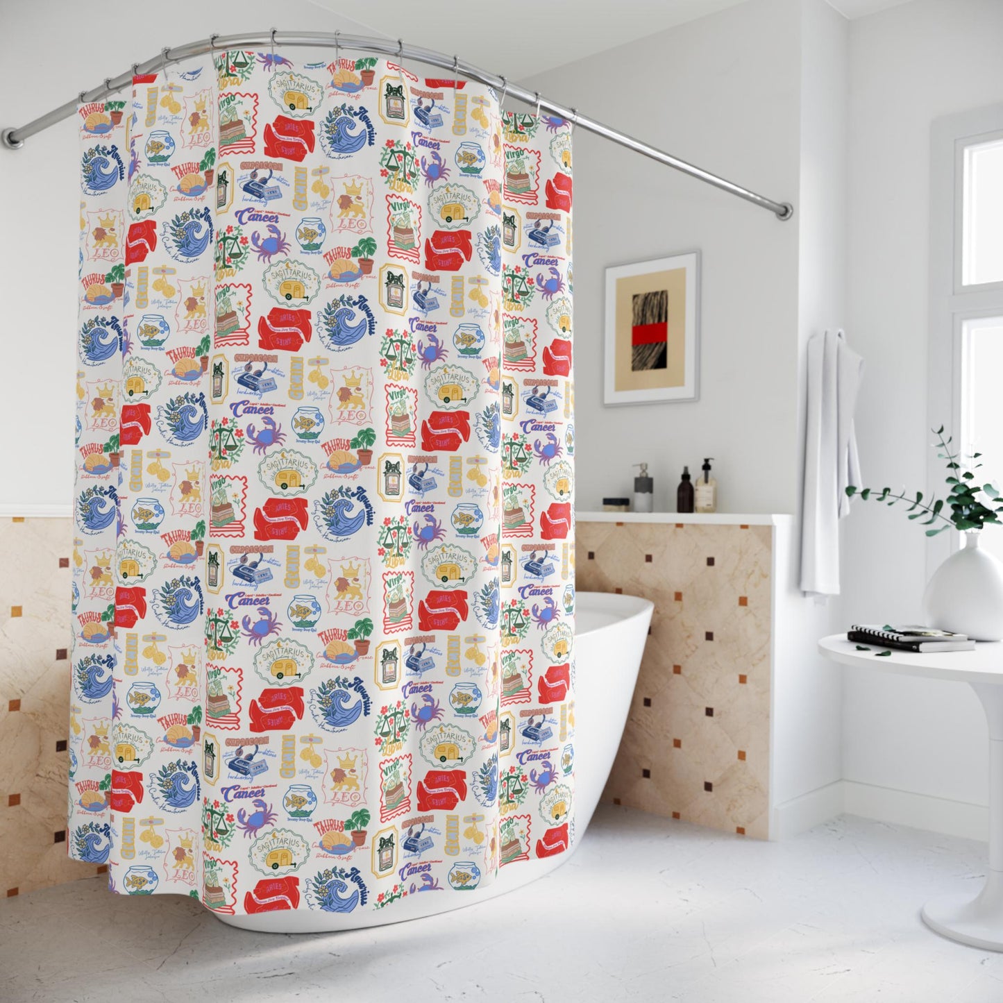 Boho Zodiac Shower Curtain | Trendy Astrology Bathroom Decor | Hand-Drawn Celestial Design