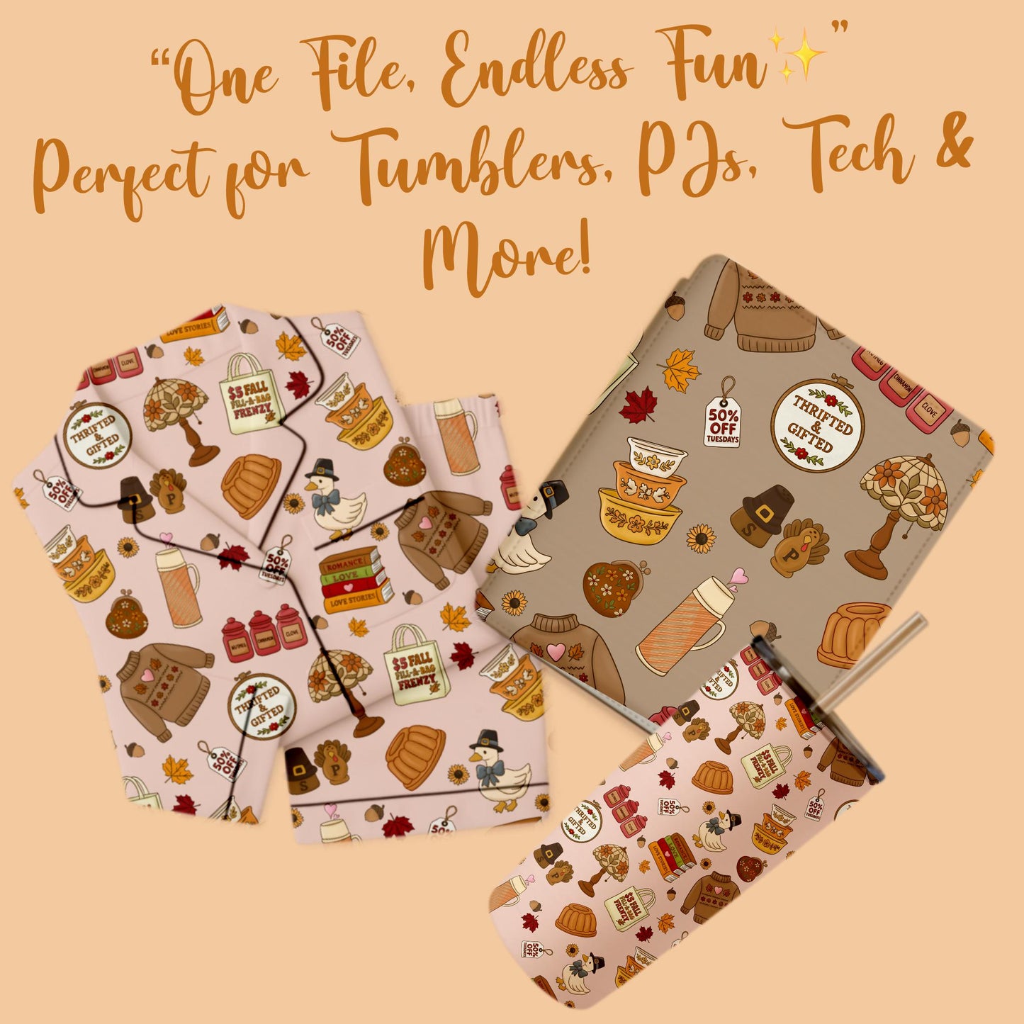 Fall Thrift Shop Pattern – Autumn Doodle Clipart (PNG Digital Download)