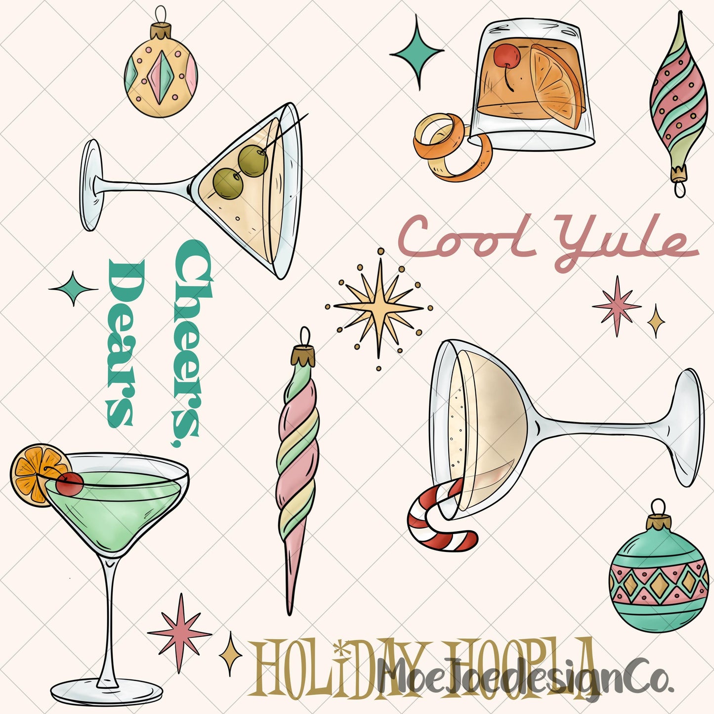 Retro Christmas Martini Seamless Pattern • Mid-Century Holiday Fabric
