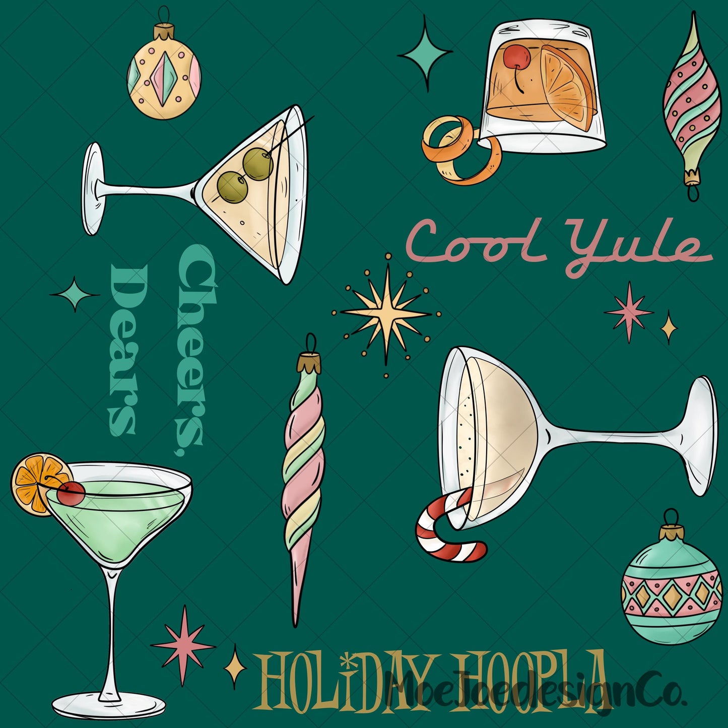 Retro Christmas Martini Seamless Pattern • Mid-Century Holiday Fabric