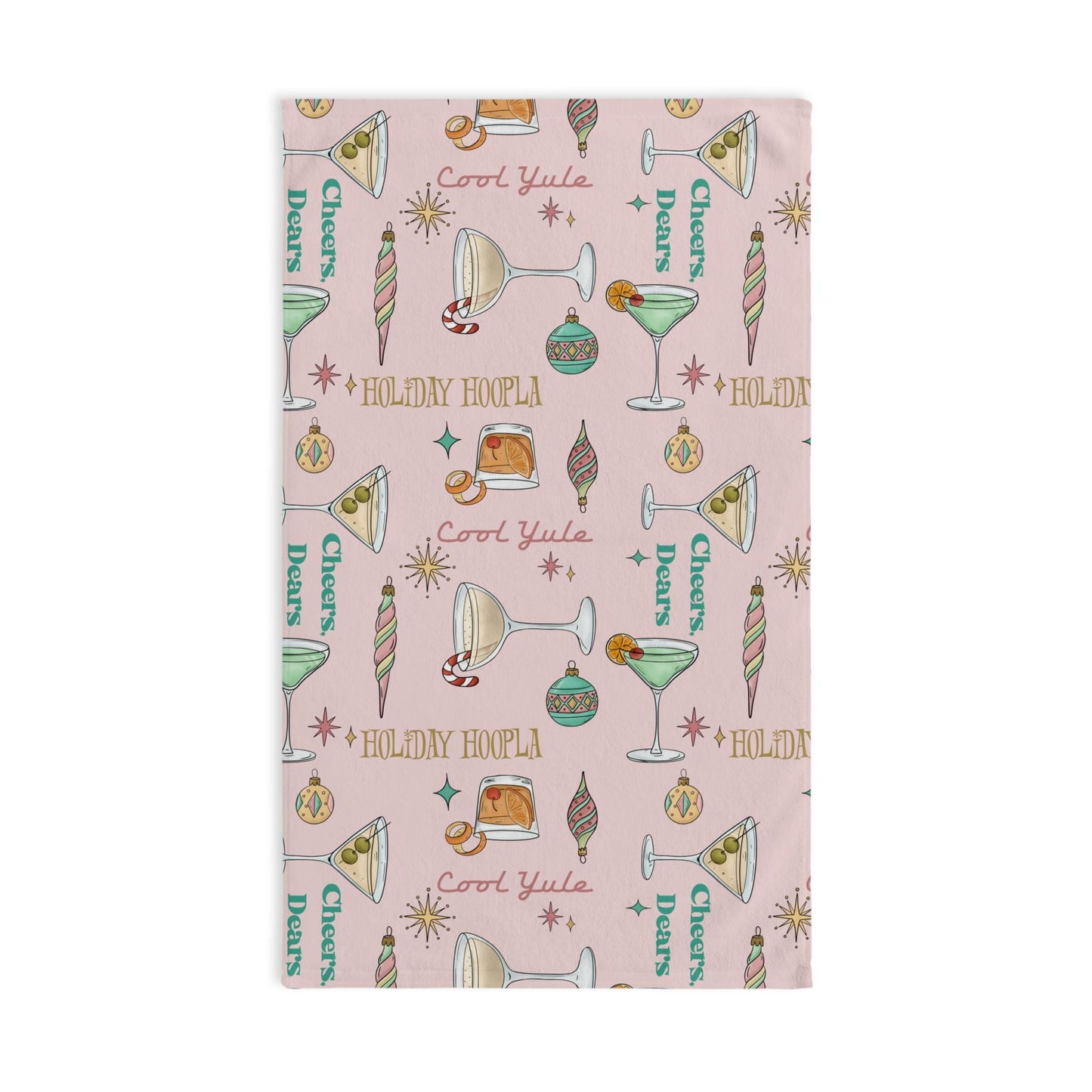 Holiday Cocktails Hand Towel | Retro Martini Ornaments Cheers Dears Pattern