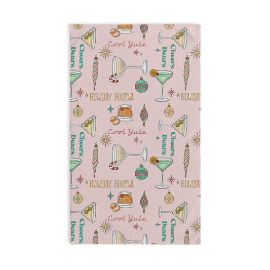 Holiday Cocktails Hand Towel | Retro Martini Ornaments Cheers Dears Pattern