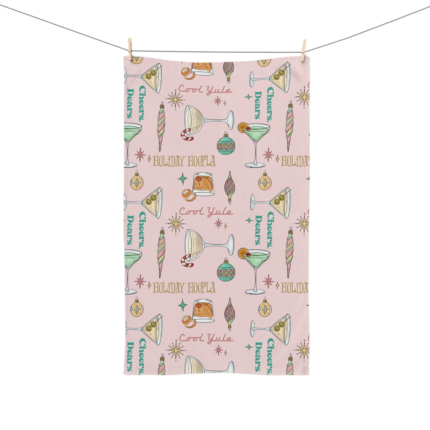 Holiday Cocktails Hand Towel | Retro Martini Ornaments Cheers Dears Pattern