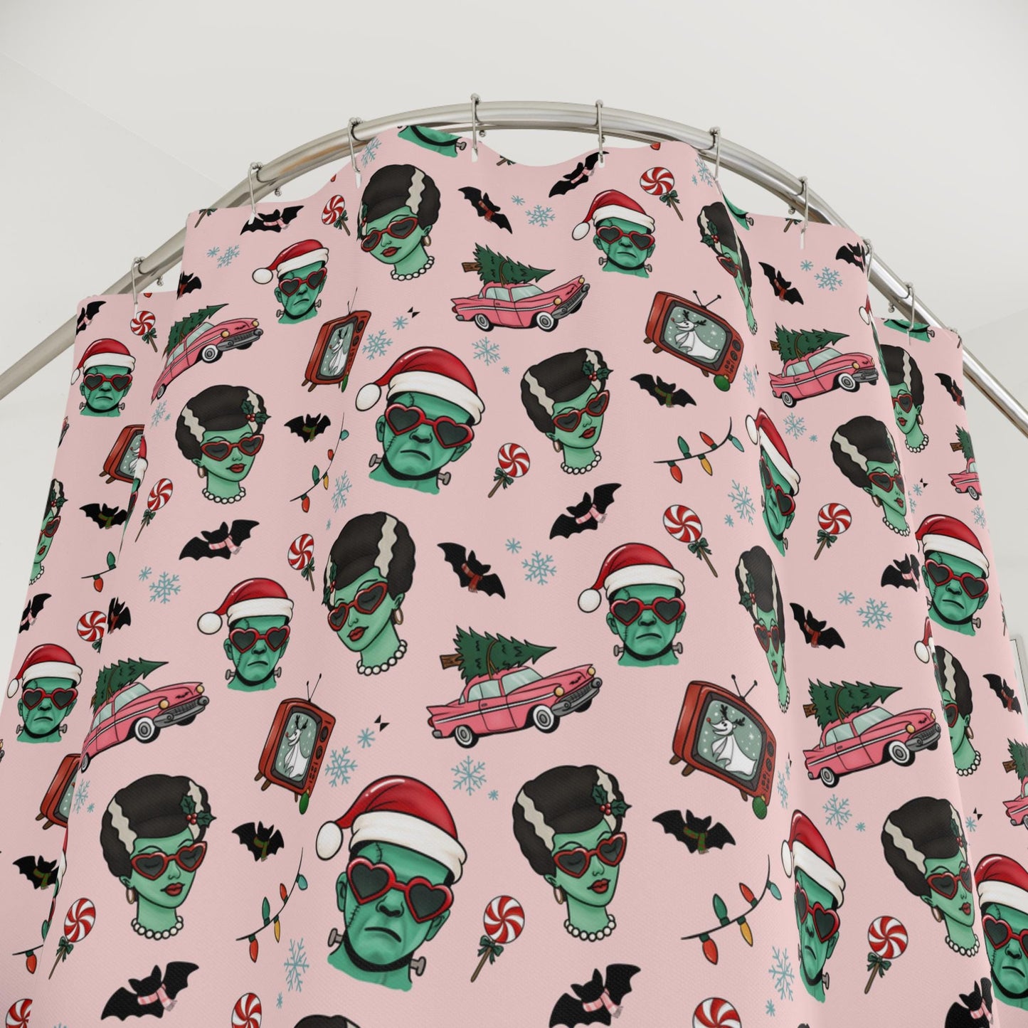 Retro Monster Christmas pattern Shower Curtain | Holiday Horror Holiday Decor
