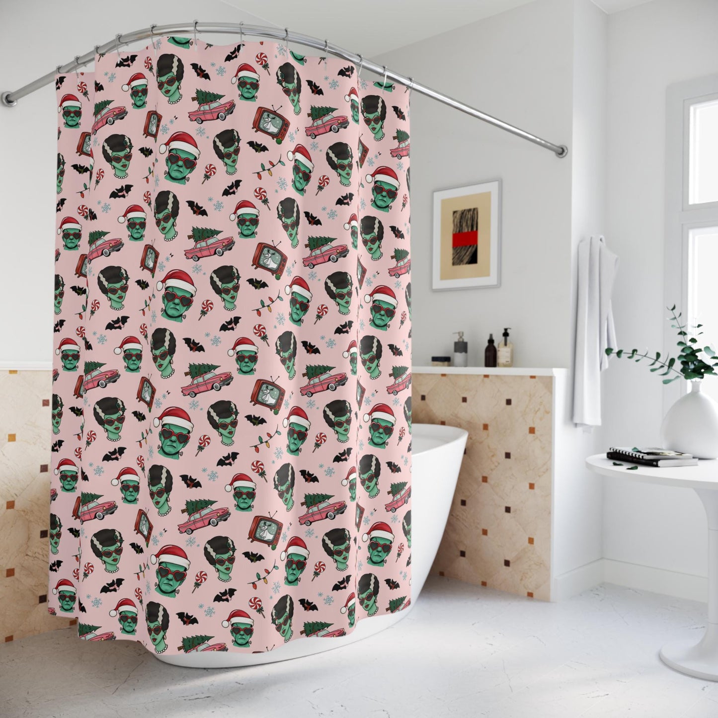 Retro Monster Christmas pattern Shower Curtain | Holiday Horror Holiday Decor
