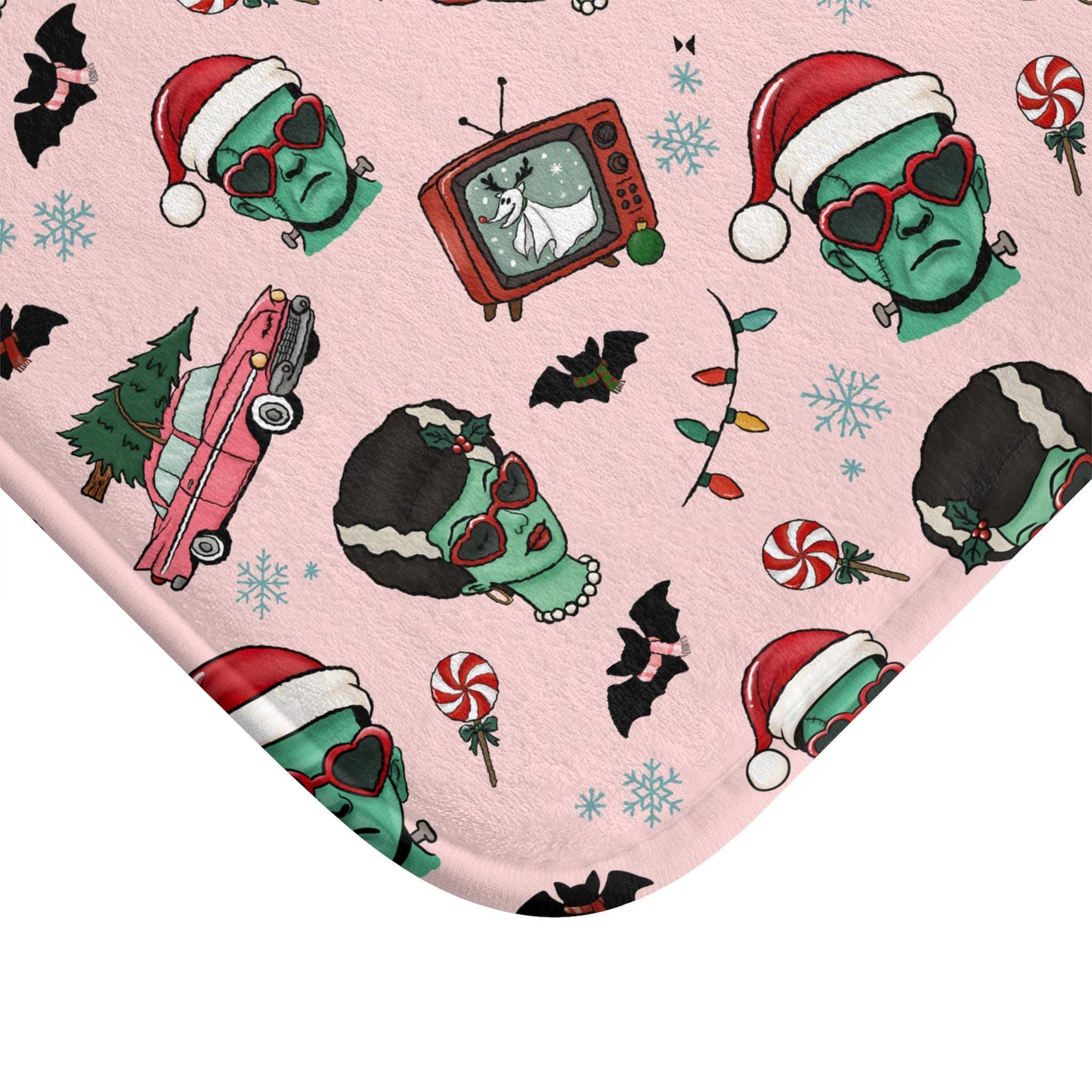 Kitsch Christmas Monsters Bath Mat | Holiday Frankenstein & Bride Pattern